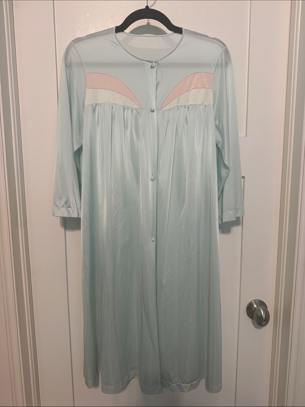 Lorraine Vintage 70s Mint Green Button-Front Nightgown with Pink Accents